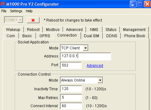 Закладка «Connection». Настройка программы M1000 Pro V2 Configurator. Режим клиента.