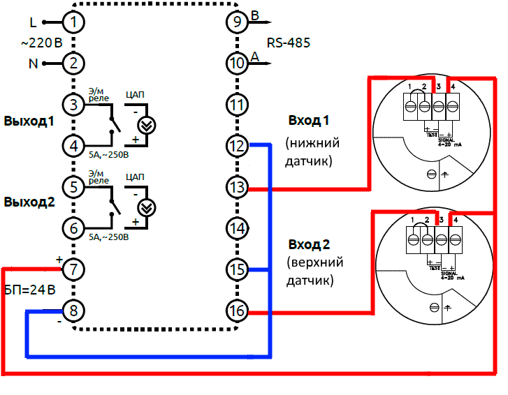 Схема подключения датчиков давления к прибору ECV1-M